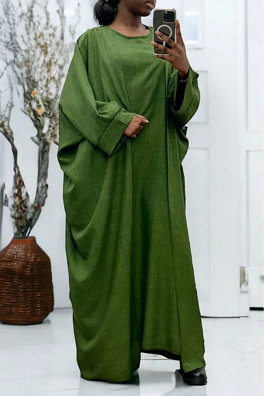 Abaya 2 pièces robe et kimono en kaki 