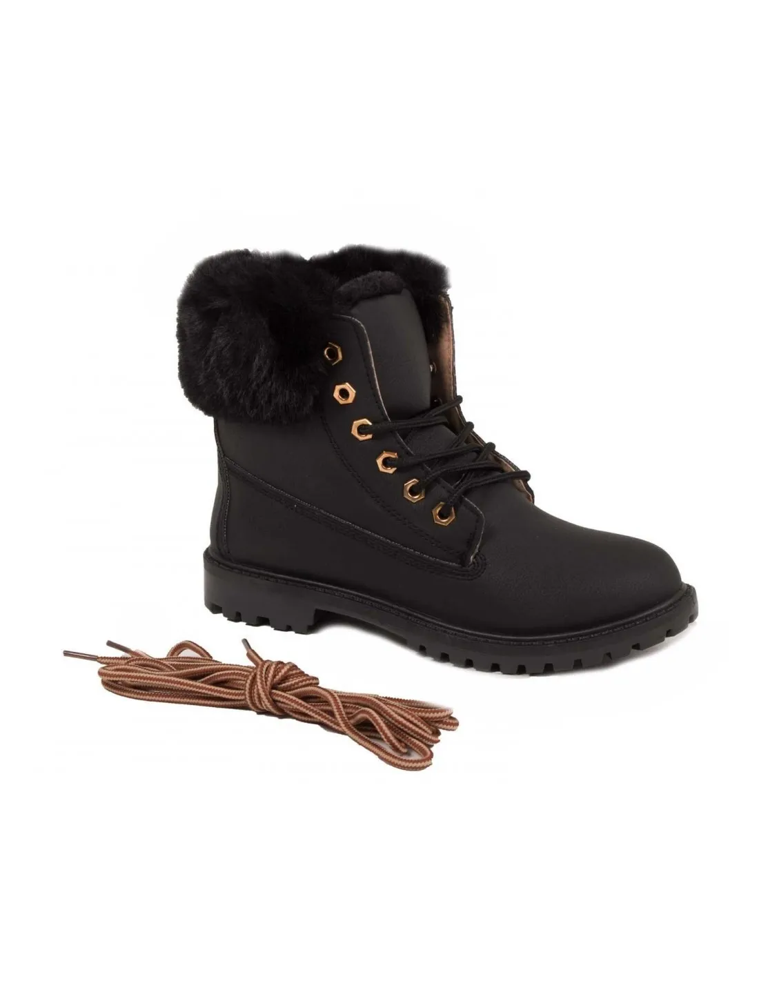 Bottines rangers boots fourrées femme avec revers fourrure en simili cuir