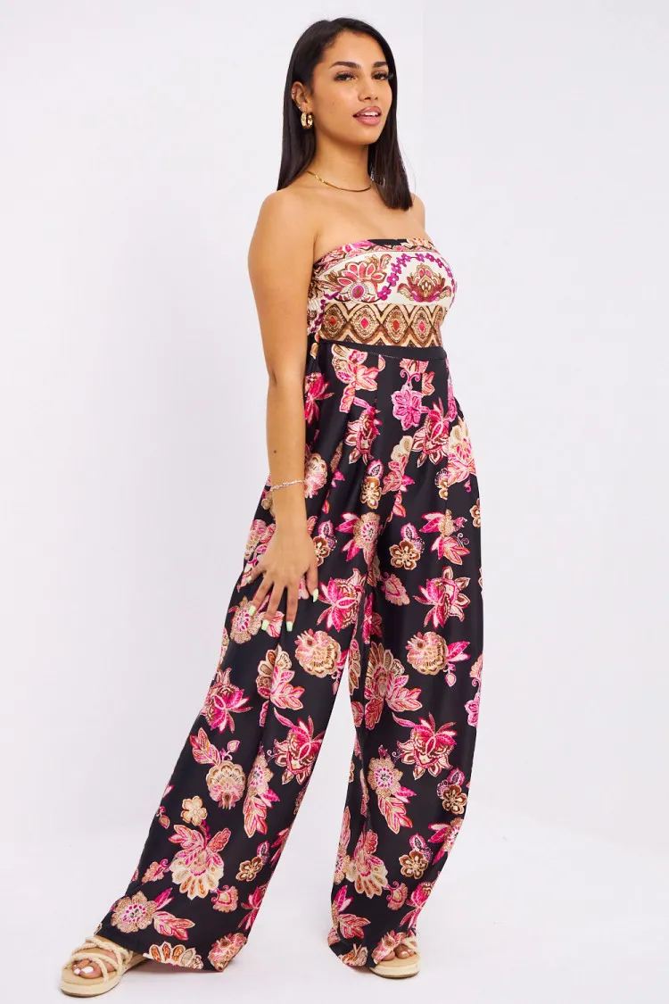 Combinaison pantalon noire bustier à fleurs