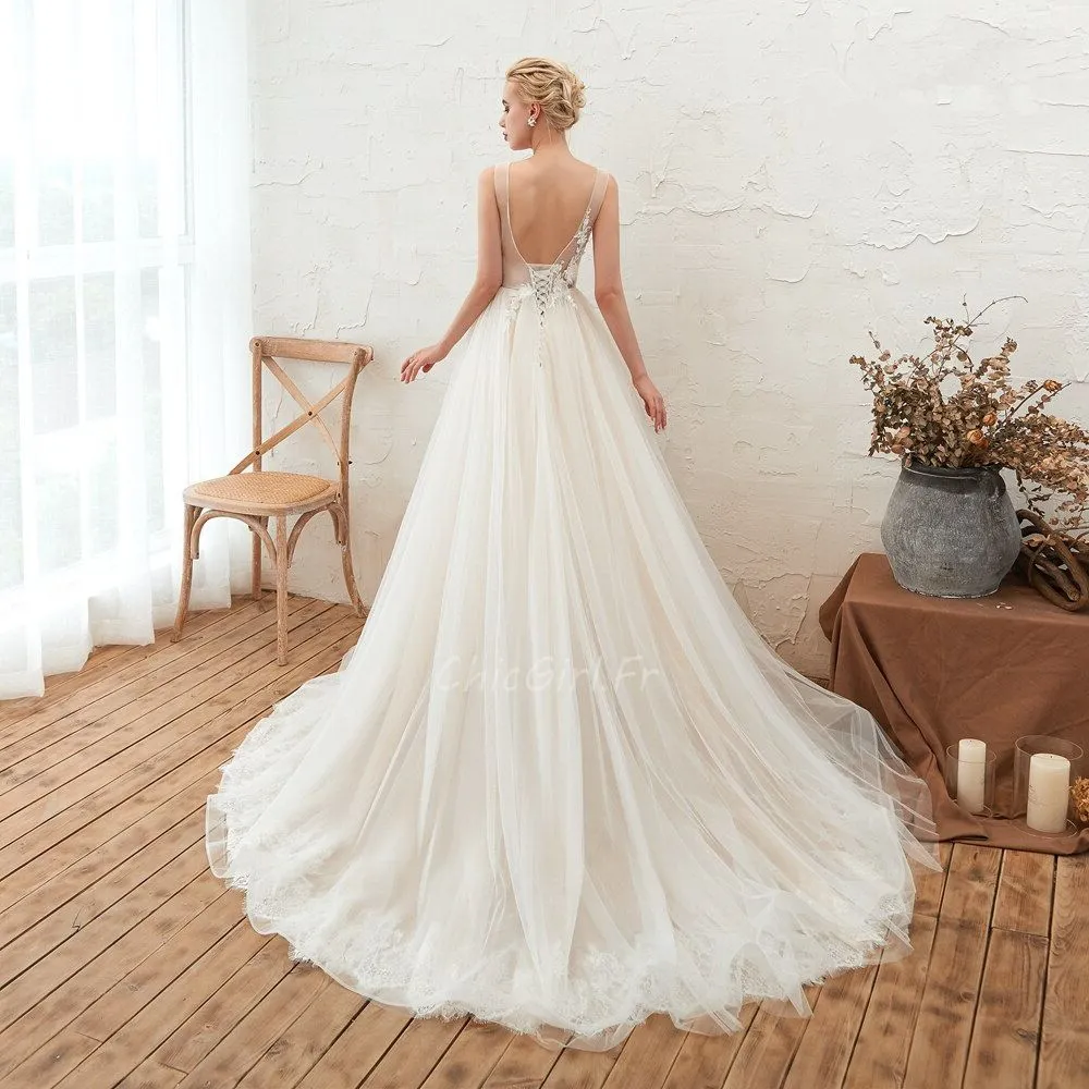 Elegance Robe De Mariée Dos Nu Tulle Dentelle Avec Traine
