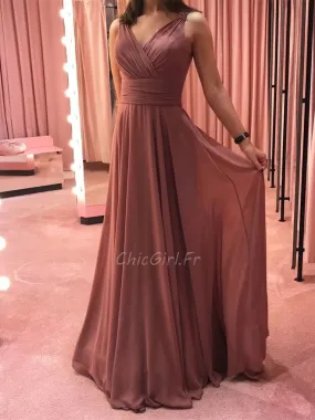 Robe Ceremonie Simple Robe De Soirée Longue Vieux Rose Mousseline Col V