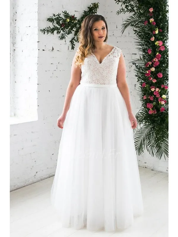 Robe De Mariée Boheme Grande Taille Tulle Dentelle Col V
