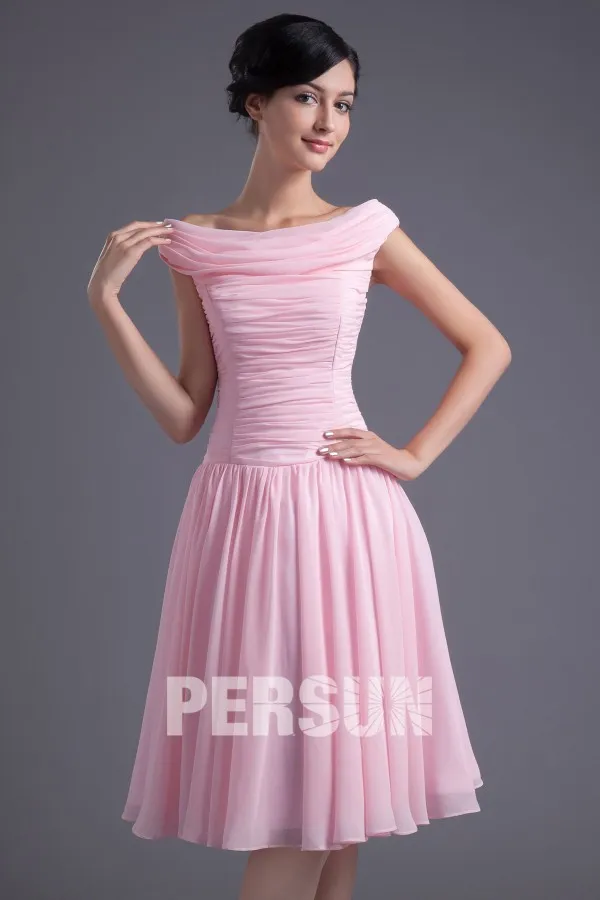Robe demoiselle d'honneur en mousseline rose à encolure bateau