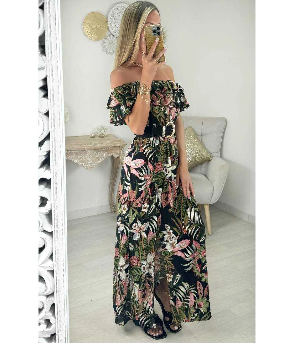 Robe longue noire motifs jungle