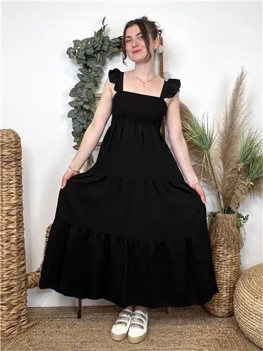 Robe Longue Smockée Noire - Bleu Clair