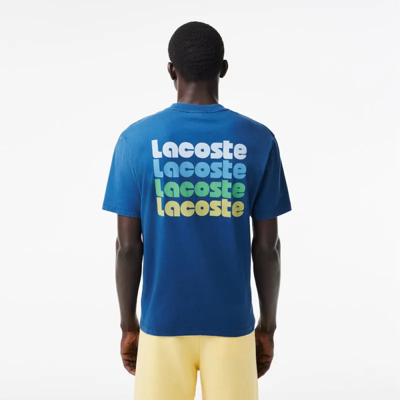 T-SHIRT DÉLAVÉ BLEU AVEC IMPRIMÉ LACOSTE EN DÉGRADÉ