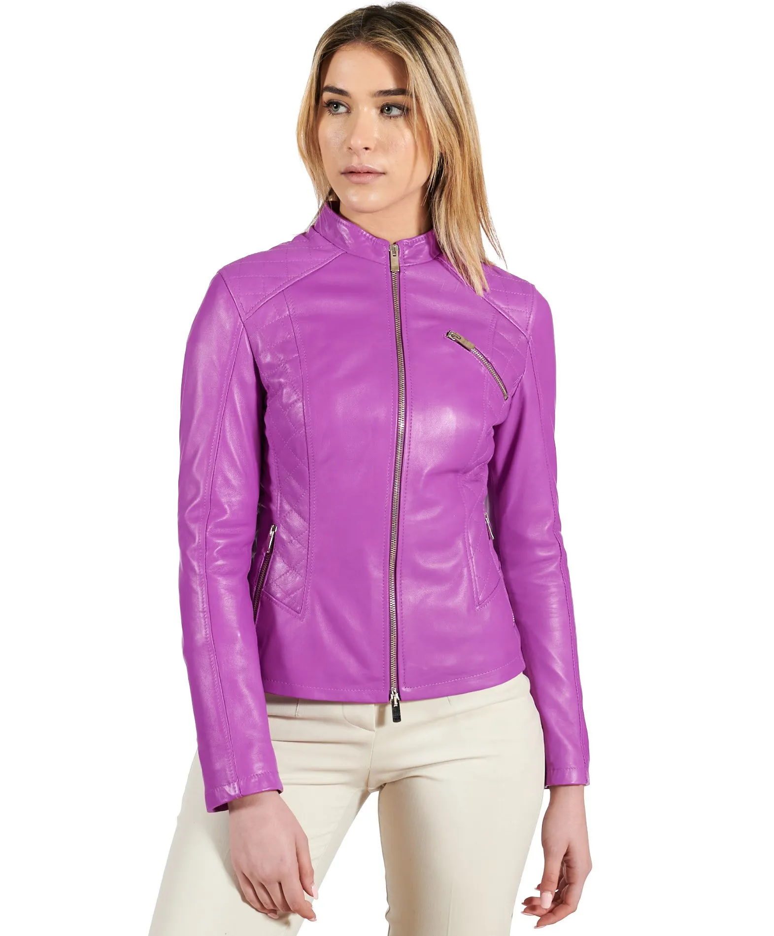 Veste en cuir femme blouson matelassé en cuir lilas Geny